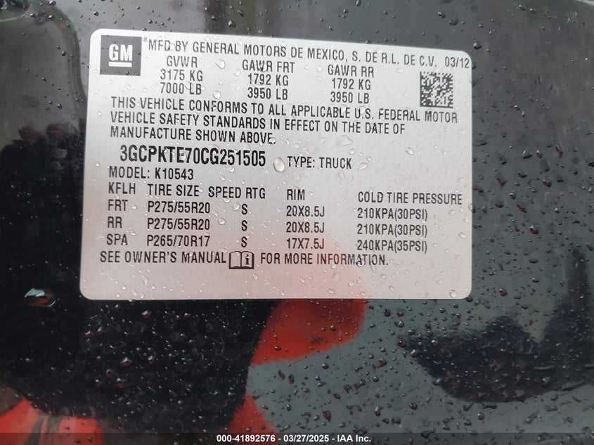 2012 CHEVROLET SILVERADO 1500 VIN: 3GCPKTE70CG251505