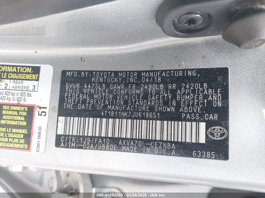 2018 TOYOTA CAMRY LE - 4T1B11HK7JU618651