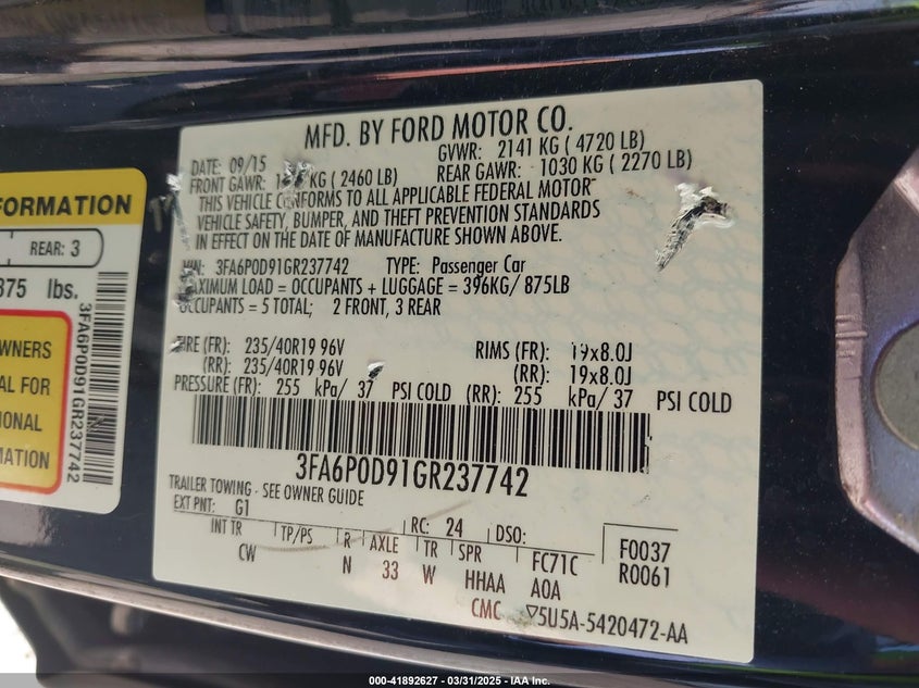 2016 FORD FUSION VIN: 3FA6P0D91GR237742