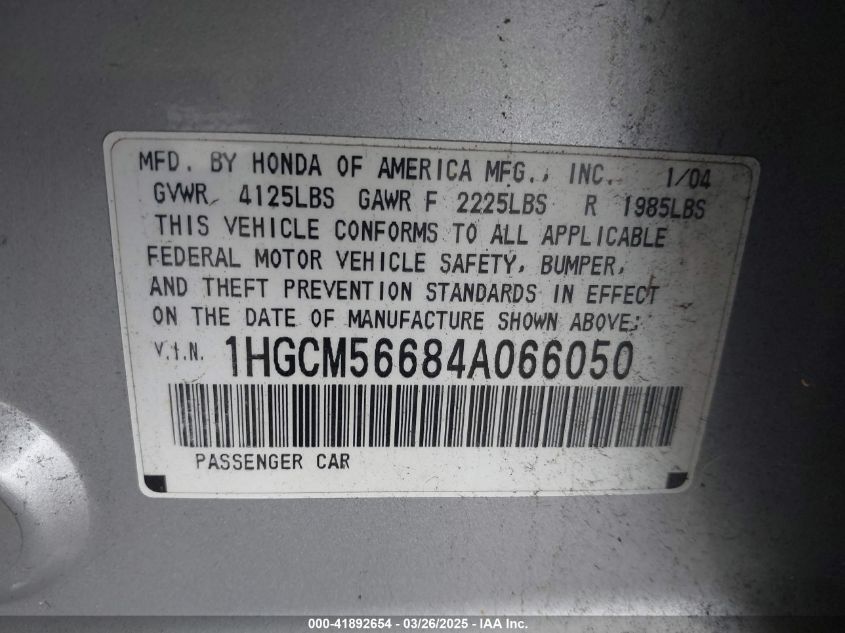 2004 Honda Accord 2.4 Ex VIN: 1HGCM56684A066050 Lot: 41892654