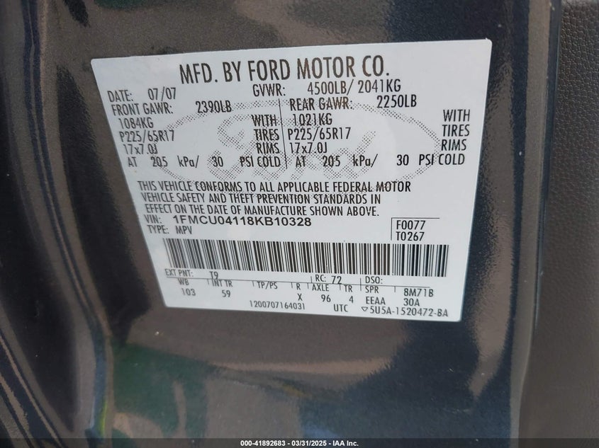 2008 FORD ESCAPE VIN: 1FMCU04118KB10328