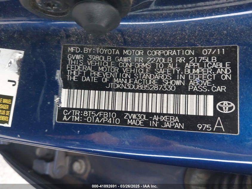 2011 TOYOTA PRIUS VIN: JTDKN3DU8B5287330