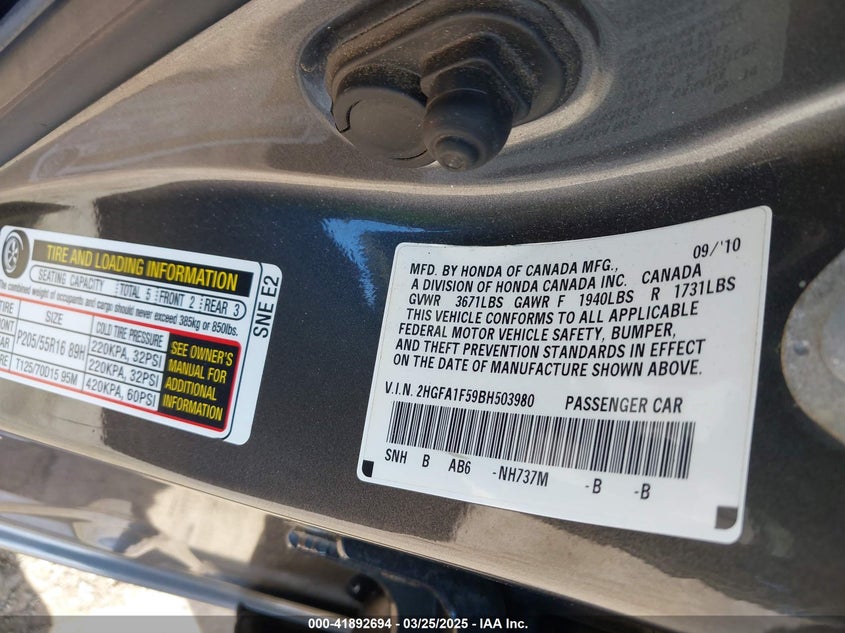 2011 HONDA CIVIC VIN: 2HGFA1F59BH503980