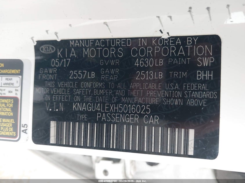 2017 KIA OPTIMA VIN: KNAGU4LEXH5016025