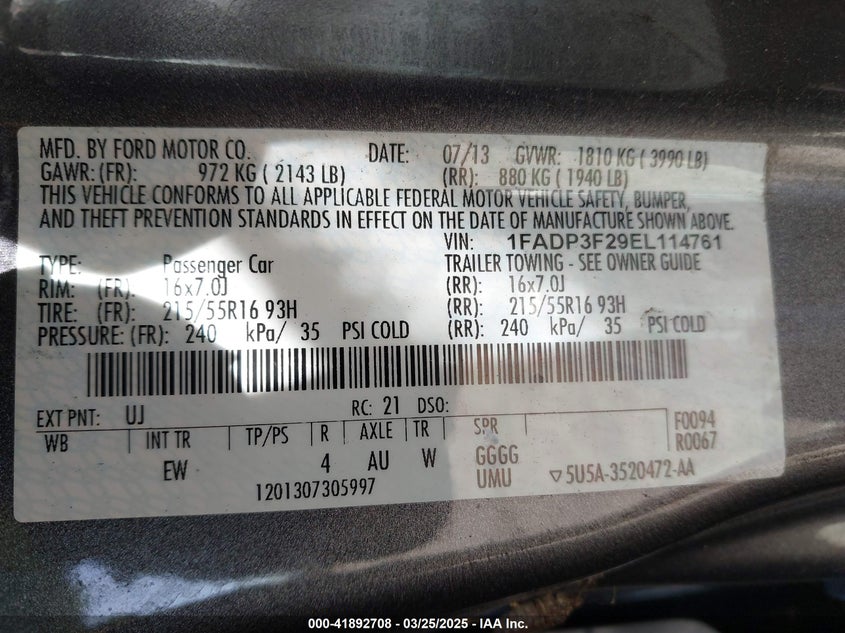 2014 FORD FOCUS VIN: 1FADP3F29EL114761