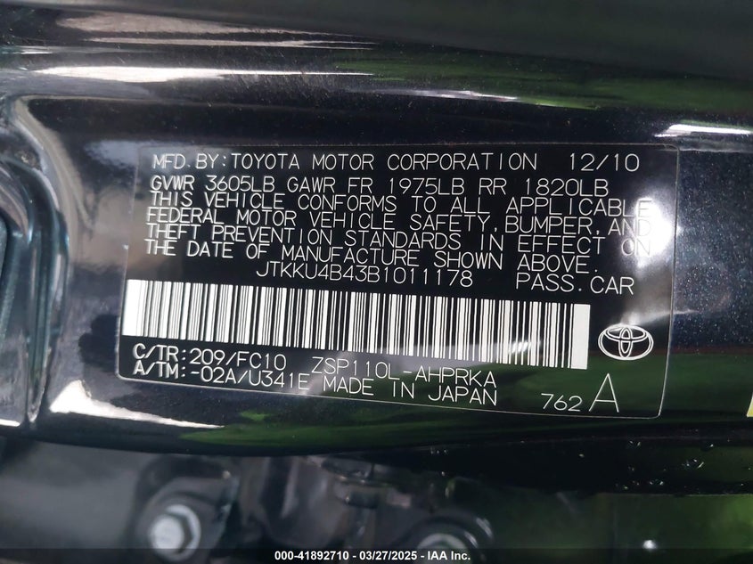 2011 SCION XD VIN: JTKKU4B43B1011178
