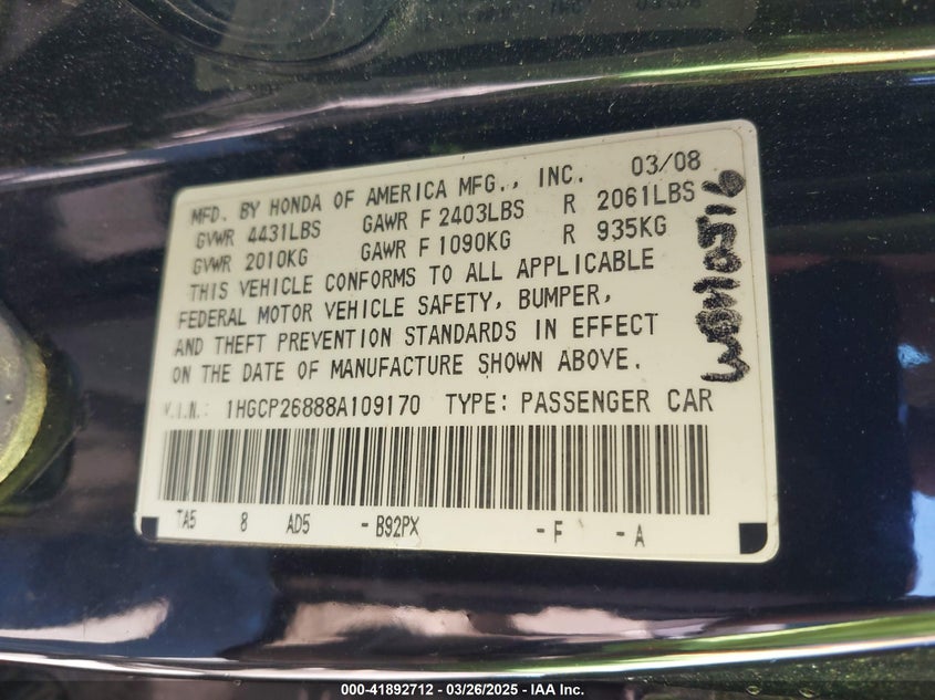 2008 HONDA ACCORD VIN: 1HGCP26888A109170