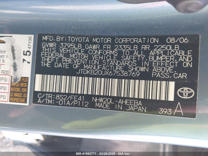 2006 TOYOTA PRIUS VIN: JTDKB20UX67538769