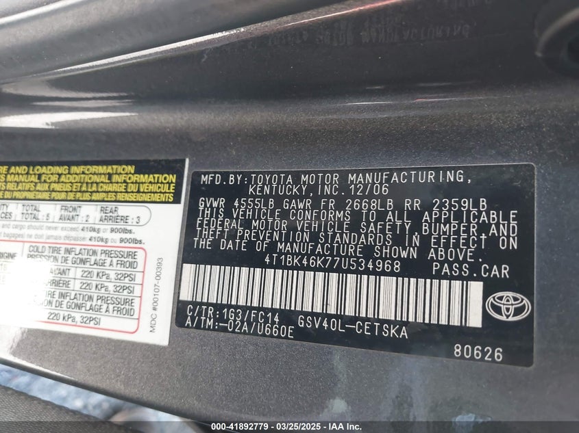 2007 TOYOTA CAMRY VIN: 4T1BK46K77U534968
