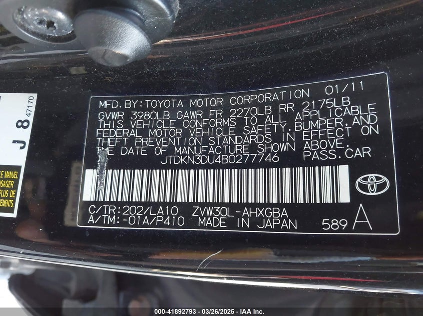 2011 TOYOTA PRIUS VIN: JTDKN3DU4B0277746