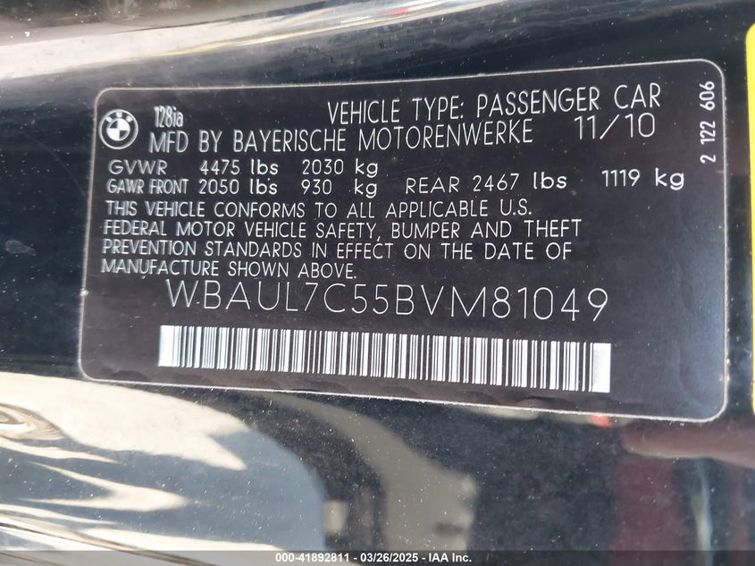 2011 BMW 128I VIN: WBAUL7C55BVM81049