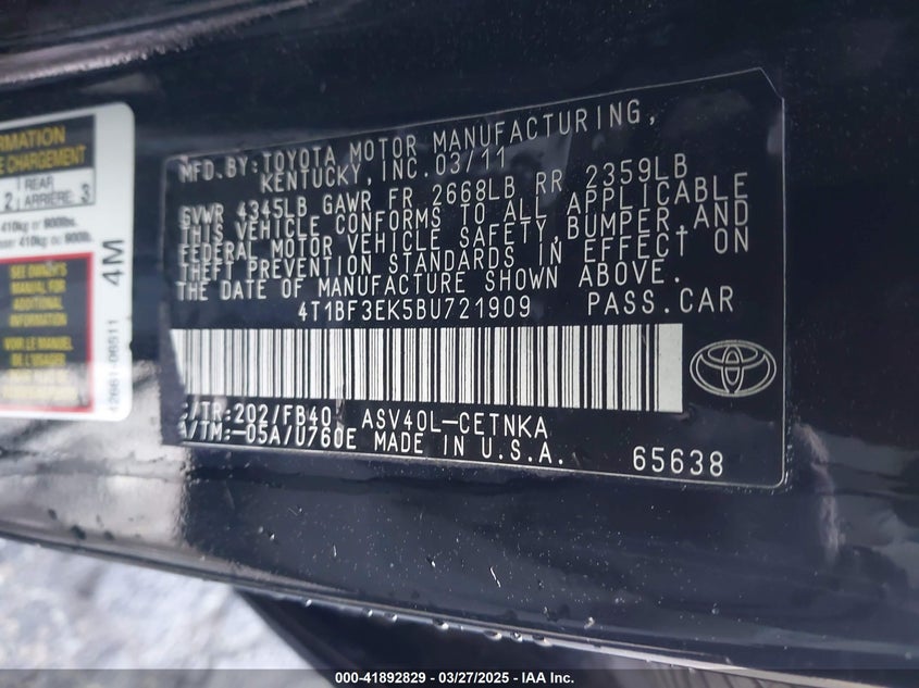 2011 TOYOTA CAMRY VIN: 4T1BF3EK5BU721909