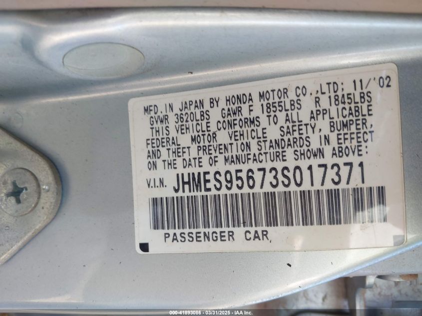 2003 Honda Civic Hybrid VIN: JHMES95673S017371 Lot: 41893086