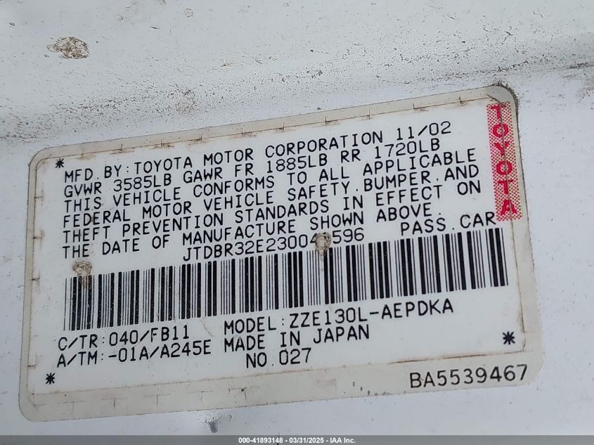 2003 Toyota Corolla Ce/Le VIN: JTDBR32E230041596 Lot: 41893148