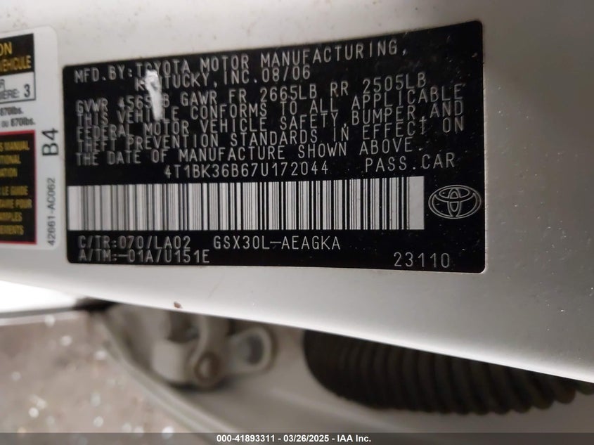2007 TOYOTA AVALON VIN: 4T1BK36B67U172044