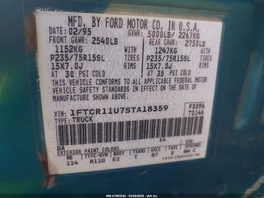 1995 Ford Ranger VIN: 1FTCR11U7STA18359 Lot: 41893342