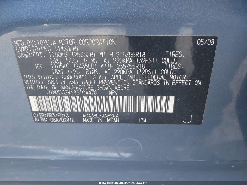 2008 Toyota Rav4 Sport VIN: JTMZD32V685104478 Lot: 41893346