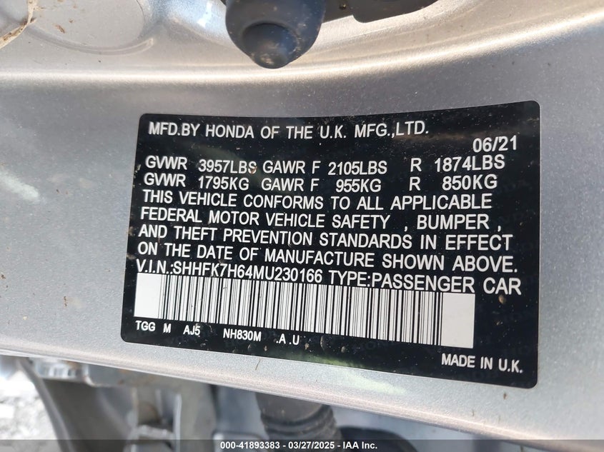 2021 HONDA CIVIC VIN: SHHFK7H64MU230166