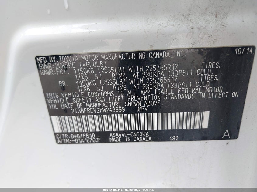 2015 TOYOTA RAV4 LE - 2T3BFREV2FW249999