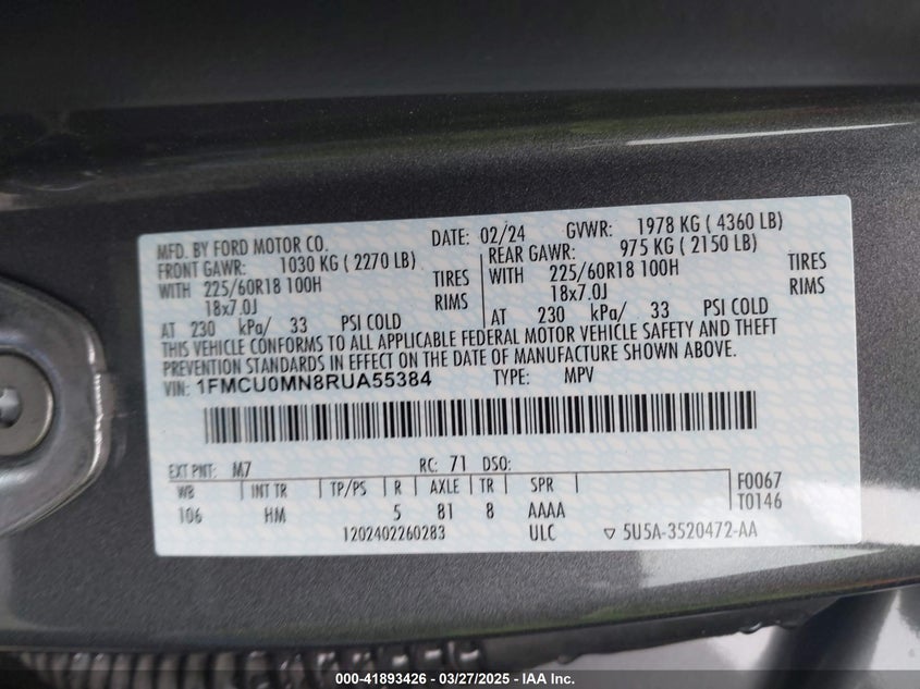 2024 FORD ESCAPE VIN: 1FMCU0MN8RUA55384