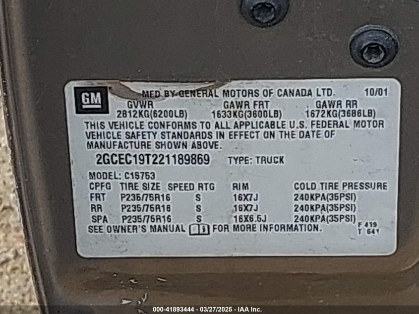 2002 Chevrolet Silverado 1500 Ls VIN: 2GCEC19T221189869 Lot: 41893444