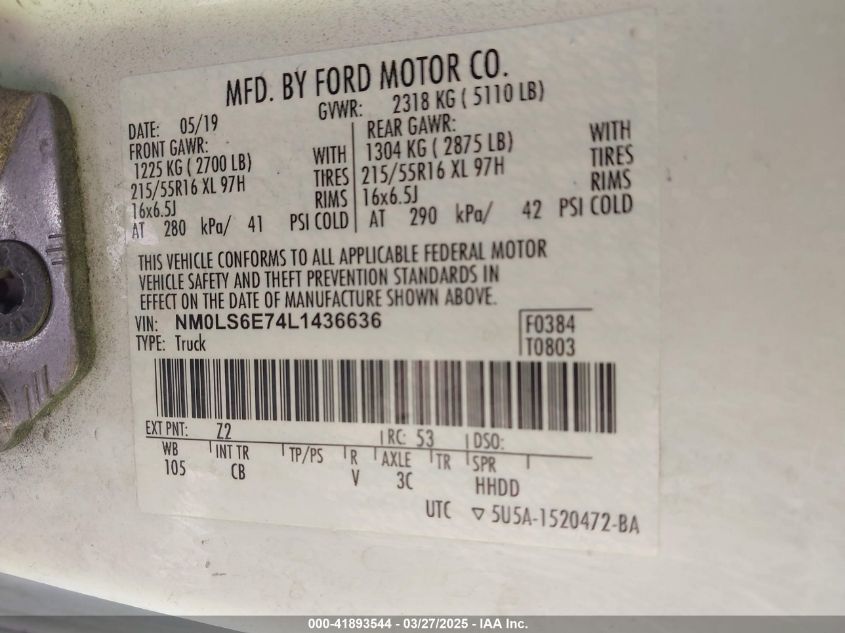 2020 Ford Transit Connect Xl VIN: NM0LS6E74L1436636 Lot: 41893544