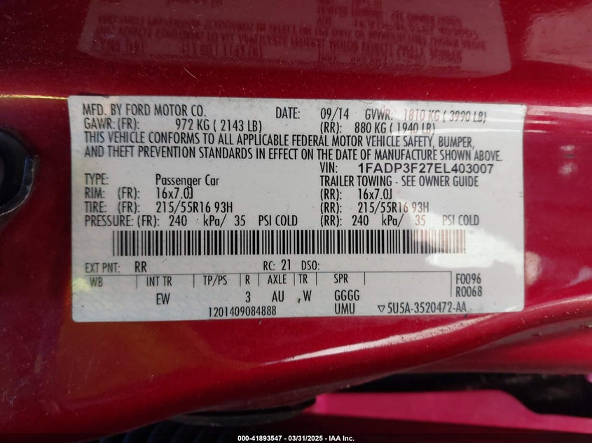 2014 FORD FOCUS VIN: 1FADP3F27EL403007