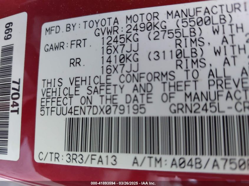 2013 Toyota Tacoma Base V6 VIN: 5TFUU4EN7DX079195 Lot: 41893594