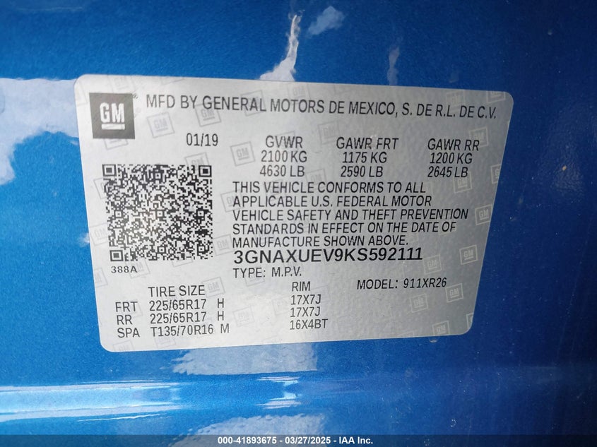 2019 CHEVROLET EQUINOX VIN: 3GNAXUEV9KS592111
