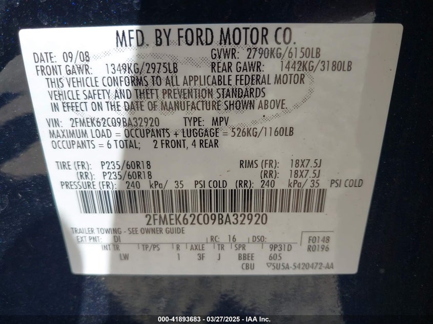 2009 FORD FLEX VIN: 2FMEK62C09BA32920