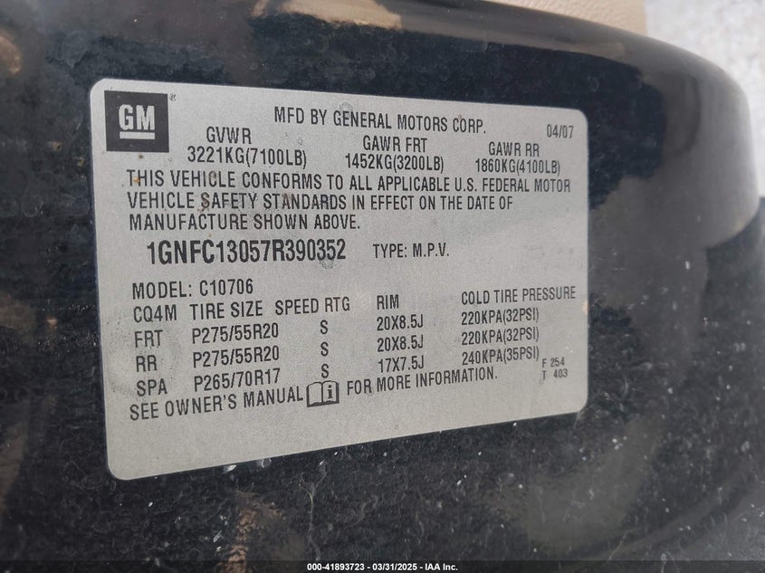 2007 CHEVROLET TAHOE VIN: 1GNFC13057R390352