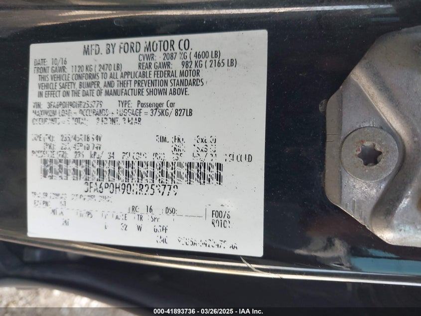 2017 FORD FUSION VIN: 3FA6P0H90HR253779