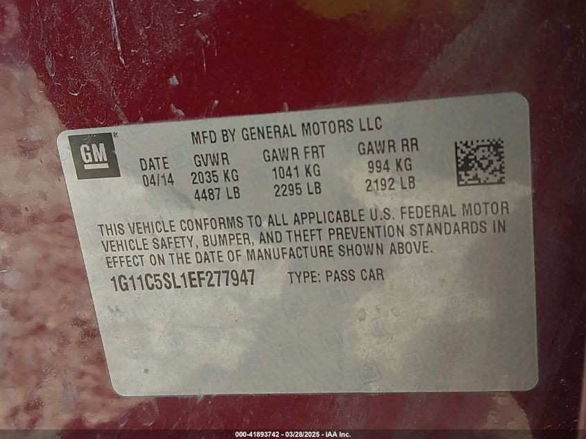 2014 Chevrolet Malibu 1Lt VIN: 1G11C5SL1EF277947 Lot: 41893742