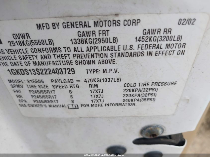 2002 GMC Envoy Sle VIN: 1GKDS13S222403729 Lot: 41893755