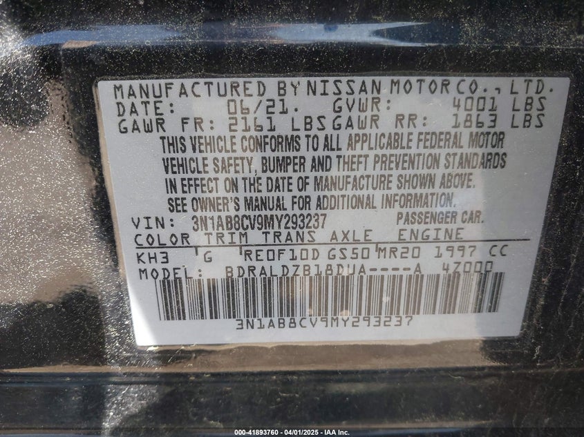 VIN 3N1AB8CV9MY293237 2021 NISSAN SENTRA SV XTRONIC CVT