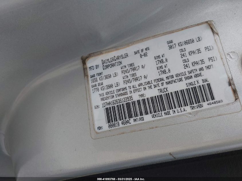 2003 Dodge Ram 1500 Slt/Laramie/St VIN: 1D7HA18Z63S122935 Lot: 41893768