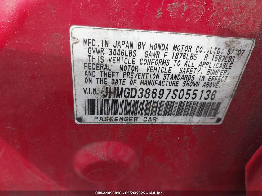 2007 Honda Fit Sport VIN: JHMGD38697S055136 Lot: 41893816