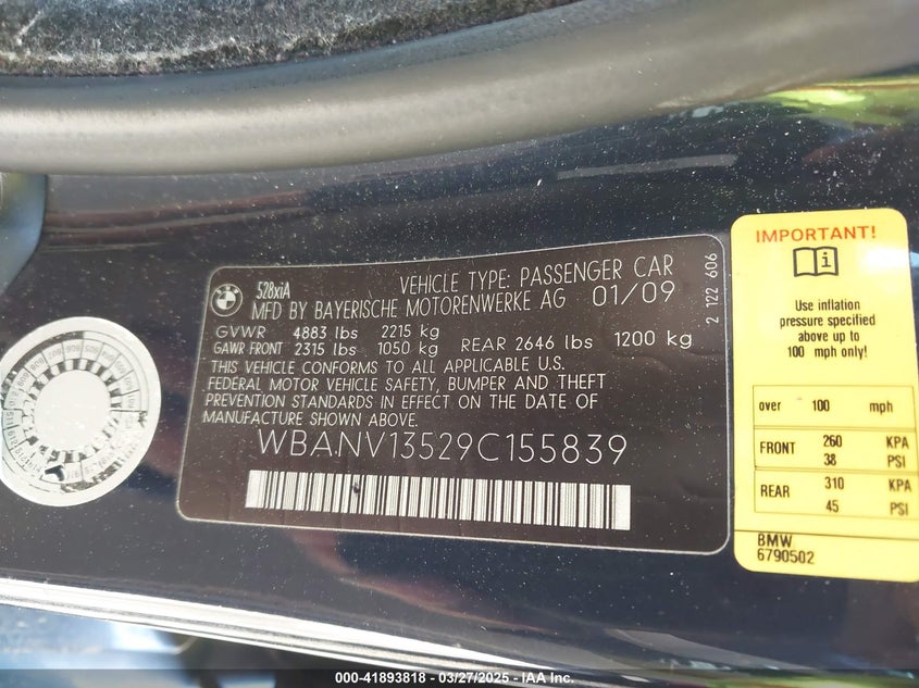 2009 BMW 528I VIN: WBANV13529C155839