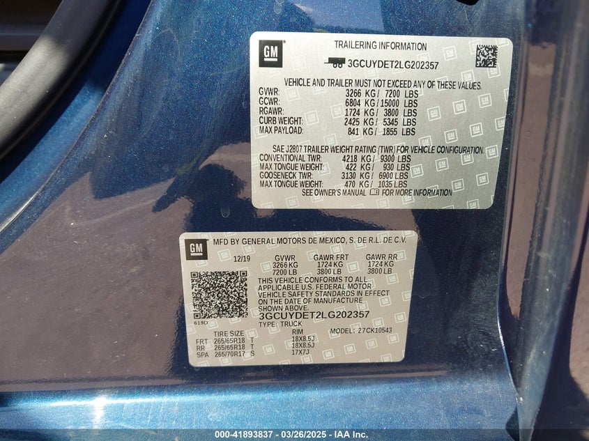 2020 CHEVROLET SILVERADO 1500 VIN: 3GCUYDET2LG202357