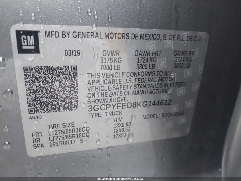 2019 CHEVROLET SILVERADO 1500 VIN: 3GCPYFED8KG144612