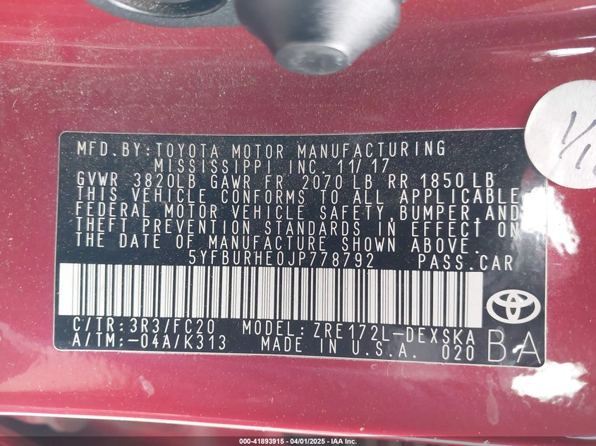 2018 TOYO COROLLA XSE W/CONTIN VIN: 5YFBURHE0JP778792