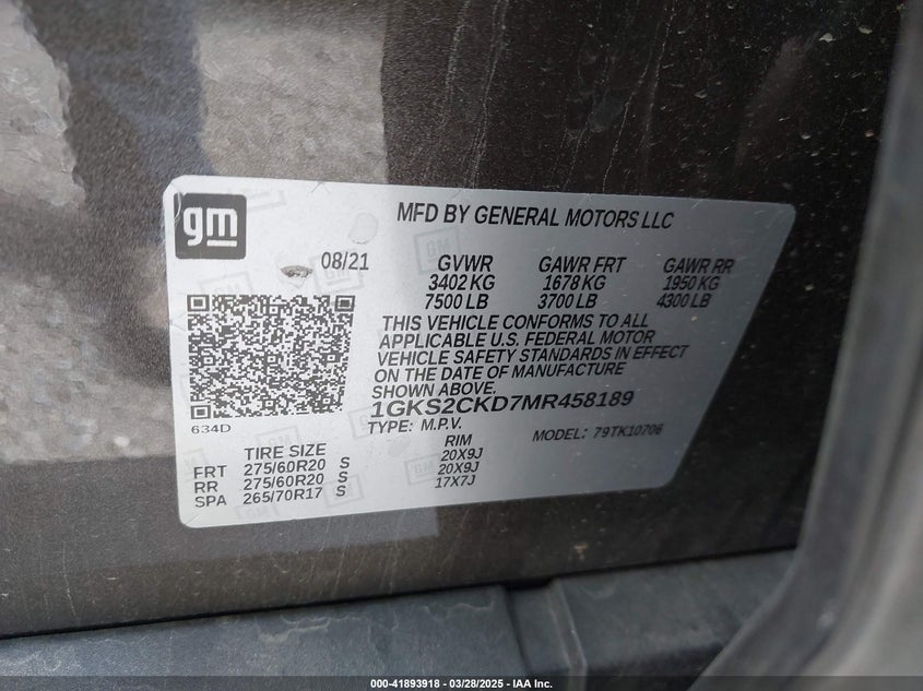 2021 GMC Yukon 4Wd At4 VIN: 1GKS2CKD7MR458189 Lot: 41893918