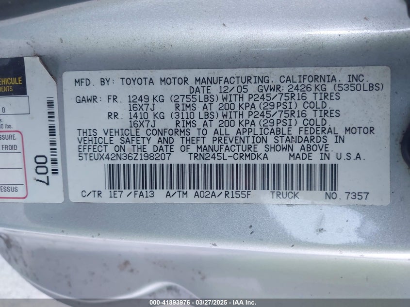 2006 TOYOTA TACOMA VIN: 5TEUX42N36Z198207