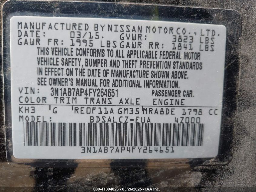 2015 Nissan Sentra S VIN: 3N1AB7AP4FY264651 Lot: 41894026