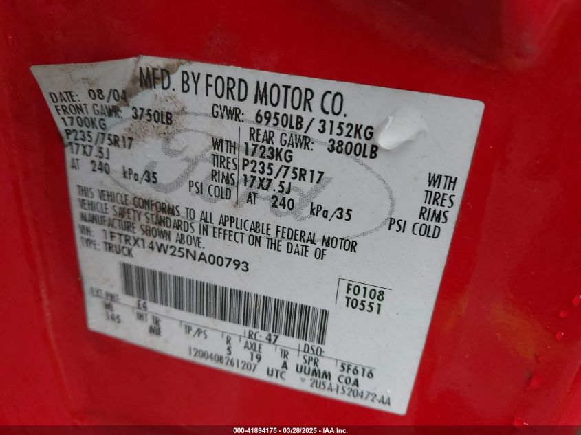 2005 Ford F-150 Stx/Xl/Xlt VIN: 1FTRX14W25NA00793 Lot: 41894175