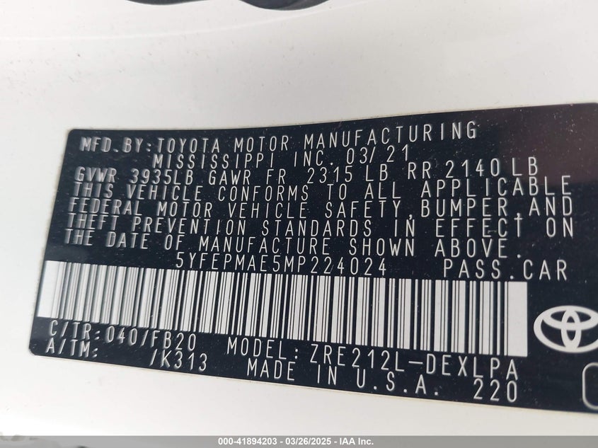 2021 TOYOTA COROLLA VIN: 5YFEPMAE5MP224024