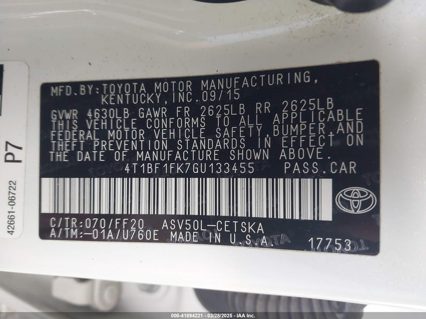 2016 TOYOTA CAMRY VIN: 4T1BF1FK7GU133455