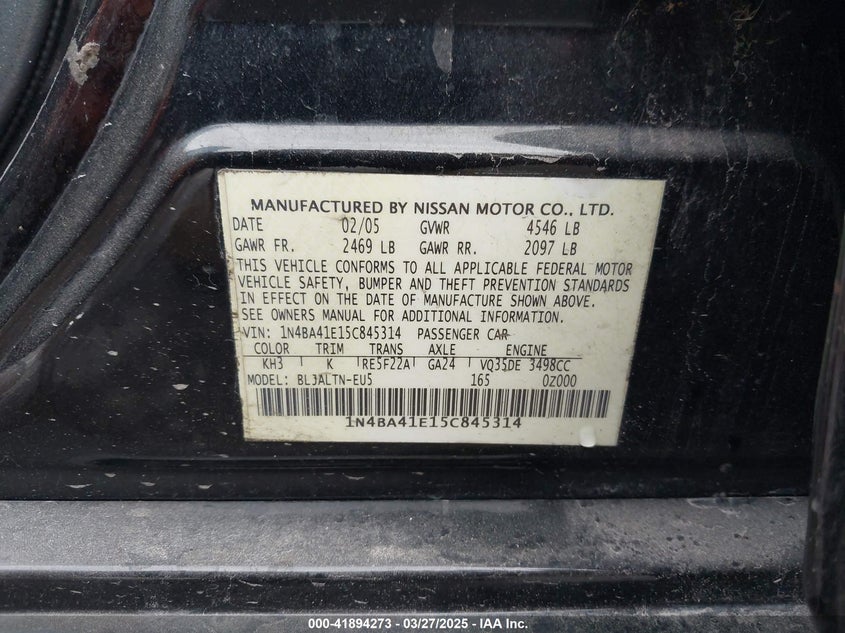 2005 Nissan Maxima 3.5 Se VIN: 1N4BA41E15C845314 Lot: 41894273