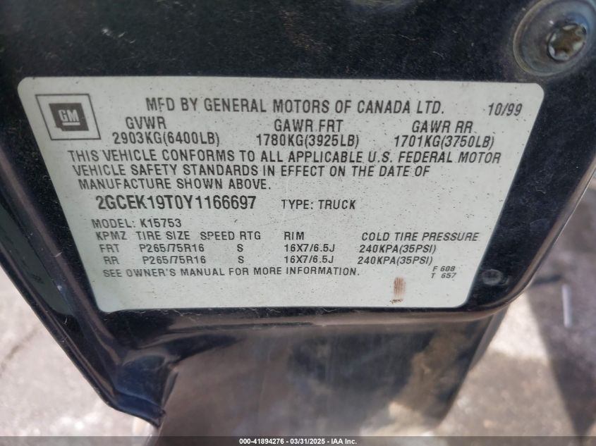 2000 Chevrolet Silverado 1500 Ls VIN: 2GCEK19T0Y1166697 Lot: 41894276