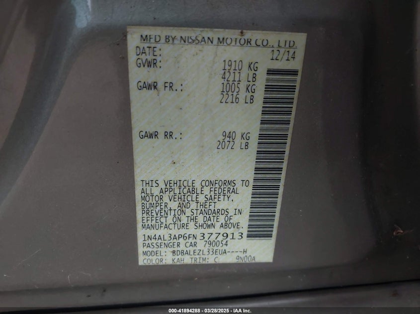 2015 NISSAN ALTIMA VIN: 1N4AL3AP6FN377913